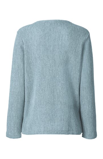 Hellblauer Pullover ohne Muster, lange Ärmel, Rundhalsausschnitt, gerade geschnitten, Rückansicht