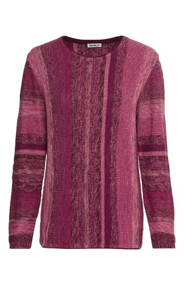 Langärmliger Pullover in verschiedenen Rosatönen, gemustert mit quer- und längs verlaufenden Streifen, Rundhalsausschnitt, gerader Schnitt