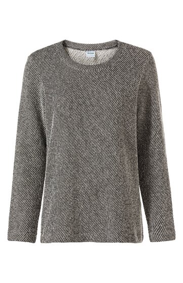 Langärmeliges Pulloveroberteil in grauem Fischgrätmuster, Rundhalsausschnitt, gerade Form