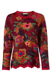 Langärmliges Pullover in rot und orange mit großflächigem Blumenmuster in rosa, gelb und grün, Rundhalsausschnitt, gerader Schnitt, gewellte Saumkante