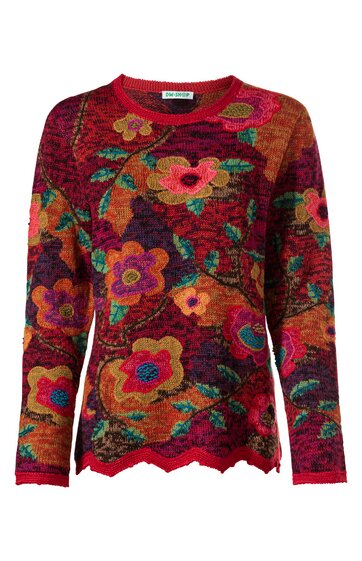 Langärmliges Pullover in rot und orange mit großflächigem Blumenmuster in rosa, gelb und grün, Rundhalsausschnitt, gerader Schnitt, gewellte Saumkante