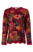 Langärmliges Pullover in rot und orange mit großflächigem Blumenmuster in rosa, gelb und grün, Rundhalsausschnitt, gerader Schnitt, gewellte Saumkante