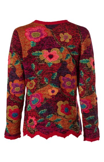 Langärmliges Damenpullover in Rot und Dunkelrot mit buntem Blumenmuster in Gelb, Pink, Grün und Blau, Rundhalsausschnitt, gerader Schnitt, gerippte Abschlüsse an Ärmeln und Saum