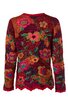 Langärmliges Damenpullover in Rot und Dunkelrot mit buntem Blumenmuster in Gelb, Pink, Grün und Blau, Rundhalsausschnitt, gerader Schnitt, gerippte Abschlüsse an Ärmeln und Saum