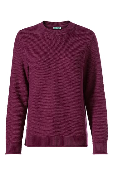 Dunkelvioletter Pullover mit feiner Strukturierung, rundem Ausschnitt, langärmlig, gerader Schnitt, gerippte Bündchen an Ärmeln und Saum