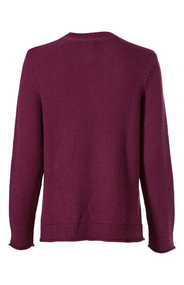 Dunkelroter Pullover ohne Muster, gerade Form, Rundhalsausschnitt, lange Ärmel, gerippte Bündchen an Ärmeln und Saum, Rückansicht