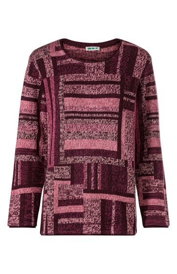 Langärmliges Pulloveroberteil in pink und bordeauxrot, geometrisches Muster aus Rechtecken und Linien, Rundhalsausschnitt, gerade Form