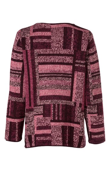 Langärmliges Oberteil in Dunkelrosa und Bordeauxrot mit geometrischem Muster aus Rechtecken und Linien, Rundhalsausschnitt, gerade geschnitten