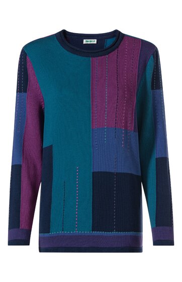 Langärmliges Pullover-Shirt in Blautönen und Dunkellila, grafisches Patchwork-Design, Rundhalsausschnitt, gerade geschnitten, keine sichtbaren Verschlüsse