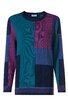 Langärmliges Pullover-Shirt in Blautönen und Dunkellila, grafisches Patchwork-Design, Rundhalsausschnitt, gerade geschnitten, keine sichtbaren Verschlüsse