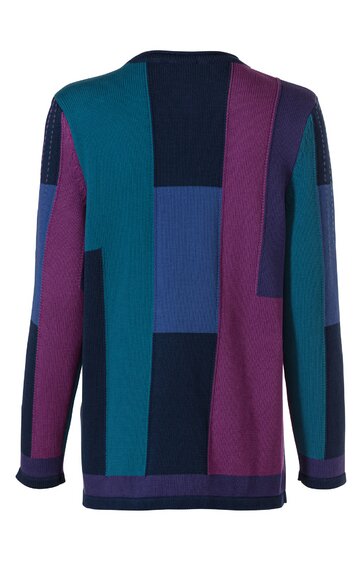 Langarmpullover in Dunkelblau, Blau, Türkis und Lila mit rechteckigen Farbflächen in Blockmuster, Rundhals, gerade Form