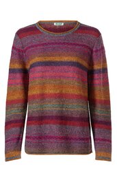 Langärmliger Pullover in bordeauxrot, senfgelb, violett und orange mit horizontalem Streifenmuster, Rundhalsausschnitt, gerade geschnitten, keine sichtbaren Verschlüsse