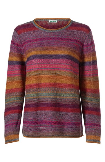 Langärmliger Pullover in bordeauxrot, senfgelb, violett und orange mit horizontalem Streifenmuster, Rundhalsausschnitt, gerade geschnitten, keine sichtbaren Verschlüsse