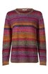Langärmliger Pullover in bordeauxrot, senfgelb, violett und orange mit horizontalem Streifenmuster, Rundhalsausschnitt, gerade geschnitten, keine sichtbaren Verschlüsse