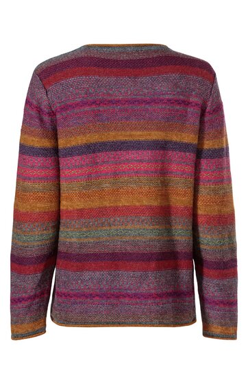 Langärmliges Pullover mit bunten horizontalen Streifen in Grau, Bordeaux, Rot, Orange und Grün, Rundhalsausschnitt, gerade geschnitten, Rückansicht