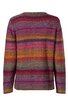 Langärmliges Pullover mit bunten horizontalen Streifen in Grau, Bordeaux, Rot, Orange und Grün, Rundhalsausschnitt, gerade geschnitten, Rückansicht