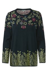 Dunkelgrüner Pullover mit Rundhals, langärmlig, florales Stickmuster in Beige und Dunkelrot an Schultern, Ärmeln und Saum