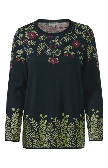 Dunkelgrüner Pullover mit Rundhals, langärmlig, florales Stickmuster in Beige und Dunkelrot an Schultern, Ärmeln und Saum