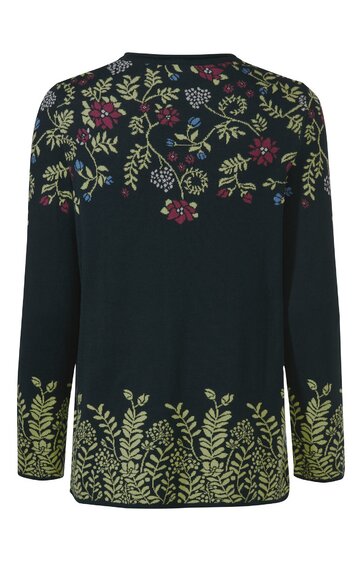 Schwarze Langarmbluse mit floralem Muster in Grün, Rot und Blau, Rundhalsausschnitt, lockere Passform, florale Muster an Schultern, Ärmeln und Saum