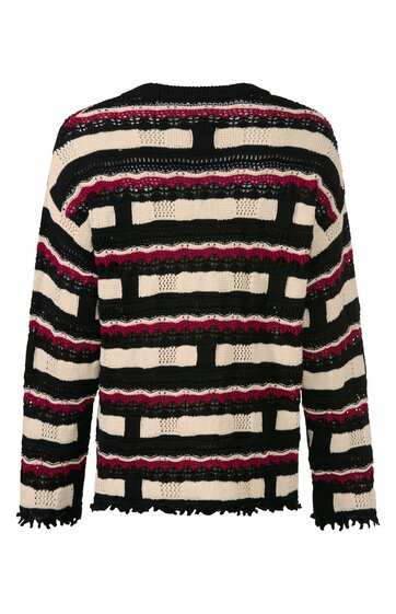 Langärmeliger Pullover in schwarz, beige und dunkelrot, geometrisches Muster aus Rechtecken und Linien, gerader Schnitt, Rundhalsausschnitt, Fransen an Saum und Ärmeln