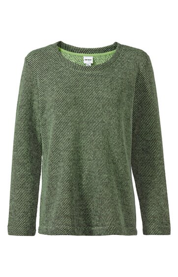 Langärmliges Oberteil in dunklem Olivgrün mit feinem diagonalen Strukturmuster, runder Ausschnitt, gerade geschnitten