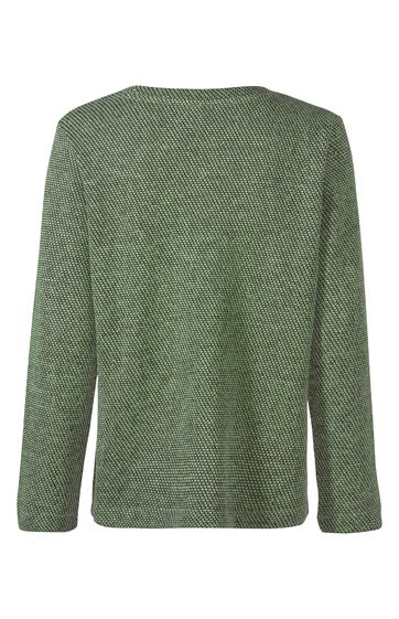 Grüner Pullover mit feinem Fischgrätmuster, langer Ärmel, Rundhalsausschnitt, gerade geschnitten, Rückansicht
