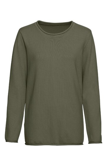 Langärmliges Herrenoberteil in Olivgrün, rundhals, schlichte Form, ohne Muster oder zusätzliche Details