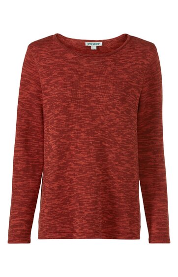 Langärmliges Shirt in rostrot mit meliertem Muster, Rundhalsausschnitt, gerade Passform, ohne sichtbare Verschlüsse oder Verzierungen