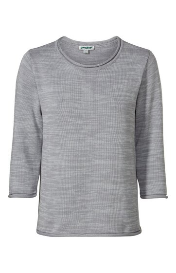 Hellgrauer Pullover mit feinem meliertem Muster, Rundhalsausschnitt, gerade geschnitten, lange Ärmel