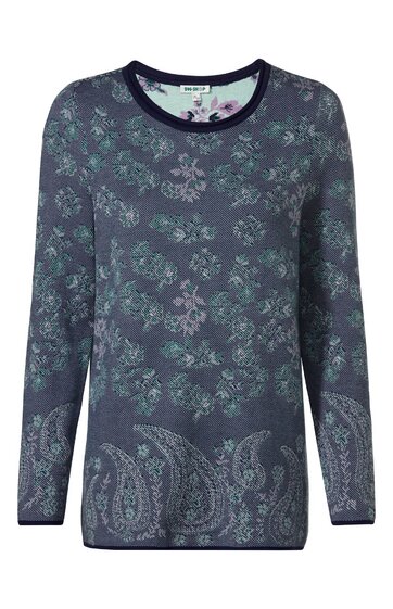 Langärmliges Pullover in dunkelblau mit pastellfarbenem Blumen- und Paisleymuster, Rundhalsausschnitt mit dunklem Bündchen, gerade geschnitten