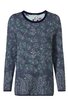 Langärmliges Pullover in dunkelblau mit pastellfarbenem Blumen- und Paisleymuster, Rundhalsausschnitt mit dunklem Bündchen, gerade geschnitten
