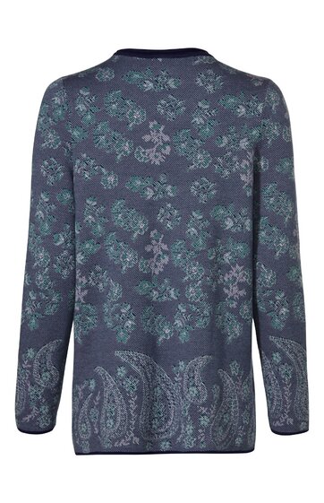 Langärmliger Pullover in Dunkelblau mit floralem Muster in Hellblau und Lila, Rundhalsausschnitt, gerader Schnitt