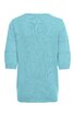 Hellblaues Pullover-Oberteil, einfarbig, gerade geschnitten, Rundhalsausschnitt, dreiviertellange Ärmel, ohne sichtbare Verzierungen oder Muster