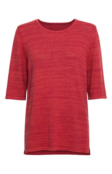 Rotes T-Shirt mit feinem meliertem Streifenmuster, Rundhalsausschnitt, halblange Ärmel, gerade geschnitten