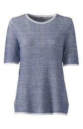 Pullover in Mittelblau mit weißem feinem Streifenmuster, Rundhalsausschnitt, halblange Ärmel, gerader Saum mit weißem Abschluss