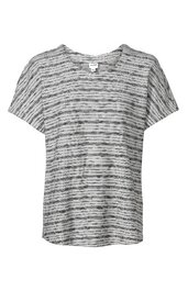 Kurzärmeliges T-Shirt in Grau mit schwarzem Streifenmuster, Rundhalsausschnitt, gerade geschnitten, ohne weitere Verzierungen