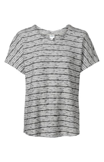 Kurzärmeliges T-Shirt in Grau mit schwarzem Streifenmuster, Rundhalsausschnitt, gerade geschnitten, ohne weitere Verzierungen