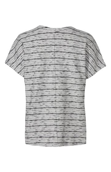 Tailliertes T-Shirt in Hellgrau mit schwarzen horizontalen Streifen, rundem Halsausschnitt, kurze Ärmel, gezeigte Rückansicht