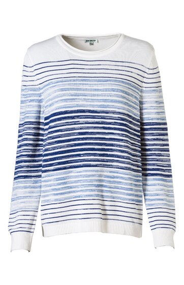 Pullover in Weiß mit horizontalen Streifen in verschiedenen Blautönen, Rundhalsausschnitt, lange Ärmel, gerade geschnitten, gerippte Bündchen an Ärmeln und Saum