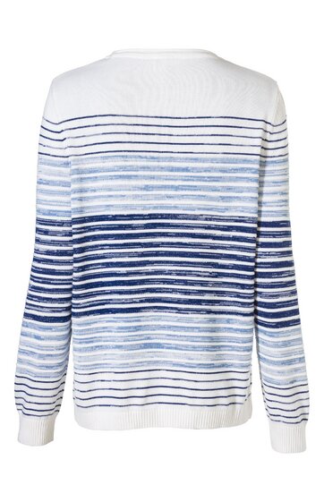Langärmliger Pullover in Weiß mit horizontalem Streifenmuster in verschiedenen Blautönen, Rundhalsausschnitt, gerader Schnitt, gerippte Bündchen an Ärmeln und Saum