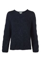 Dunkelblauer Pullover mit Rautenmuster, rundem Ausschnitt, lange Ärmel, gerade geschnitten