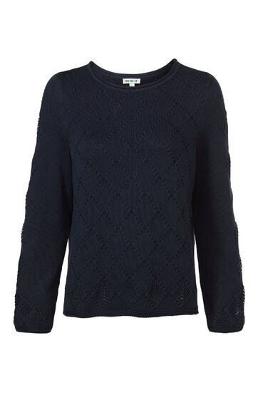 Dunkelblauer Pullover mit Rautenmuster, rundem Ausschnitt, lange Ärmel, gerade geschnitten