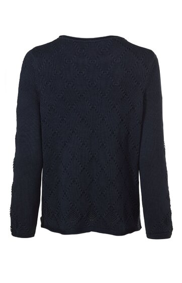 Dunkelblauer Pullover mit feinem Rautenmuster, langer Arm, Rundhalsausschnitt, gerade geschnitten, Rückansicht