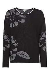 Schwarzes Langarmshirt mit grauem Blumen- und Blattmuster, Rundhalsausschnitt mit weißem Rand, gerade geschnitten