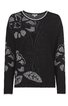 Schwarzes Langarmshirt mit grauem Blumen- und Blattmuster, Rundhalsausschnitt mit weißem Rand, gerade geschnitten
