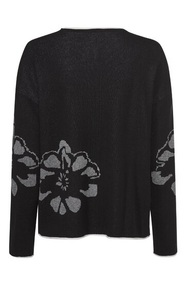 Schwarzer Pullover mit grauen Blumenmustern an den Ärmeln, Rundhalsausschnitt, lange Ärmel, gerade geschnittener Saum