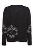 Schwarzer Pullover mit grauen Blumenmustern an den Ärmeln, Rundhalsausschnitt, lange Ärmel, gerade geschnittener Saum