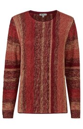 Langärmliges Pullover, rot mit braunen und beige vertikalen Streifen, Rundhalsausschnitt, gerade geschnitten, feines Strickmuster
