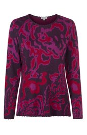 Langärmliges, rundhalsiges Pullover mit abstraktem Muster in Dunkellila und Magenta, gerade geschnitten, leicht gerippte Bündchen an Ärmeln und Saum