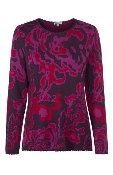 Langärmliges, rundhalsiges Pullover mit abstraktem Muster in Dunkellila und Magenta, gerade geschnitten, leicht gerippte Bündchen an Ärmeln und Saum